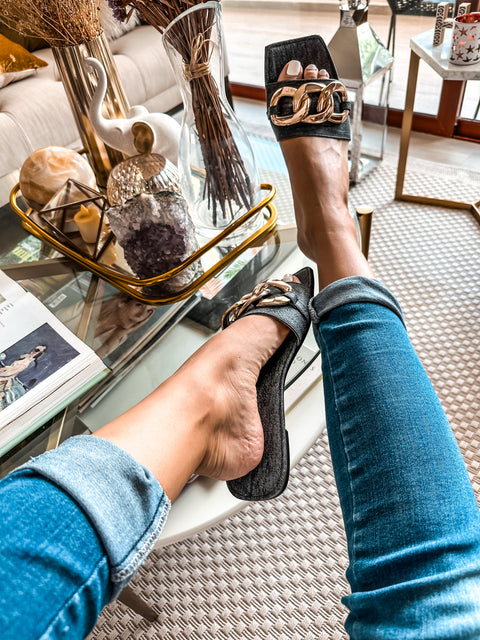 Palm Big Chain Denim Black Sandals