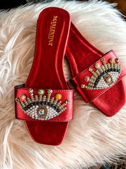 Palm Eye Red Metallic Sandals