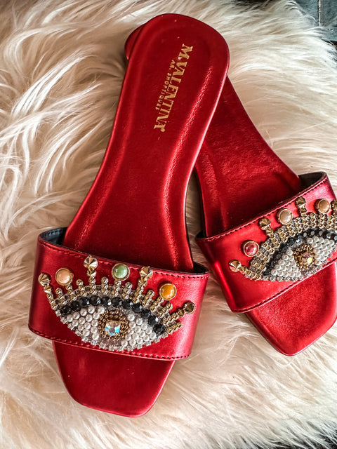 Palm Eye Red Metallic Sandals