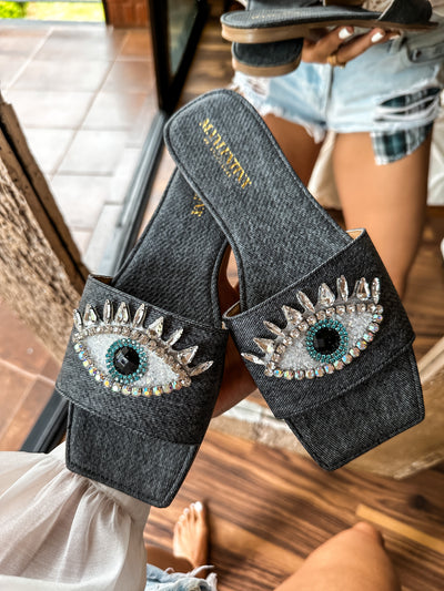 Palm Eye Denim Black Sandals