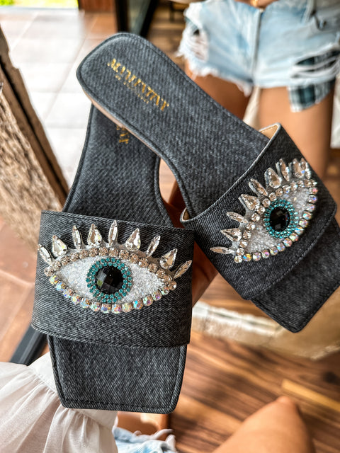 Palm Eye Denim Black Sandals