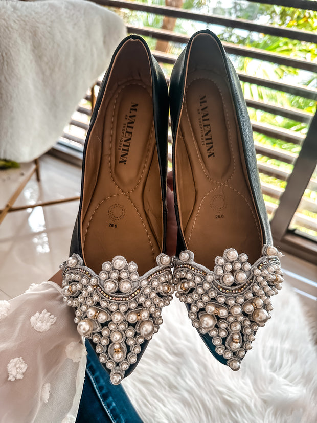 Paris Pearls Black Flats