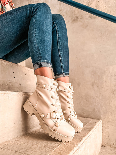 Combat Boots Latte Pearl & Studs