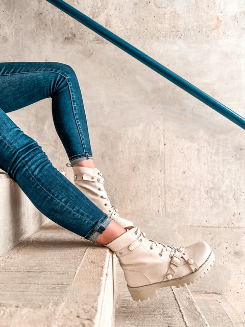 Combat Boots Latte Pearl & Studs