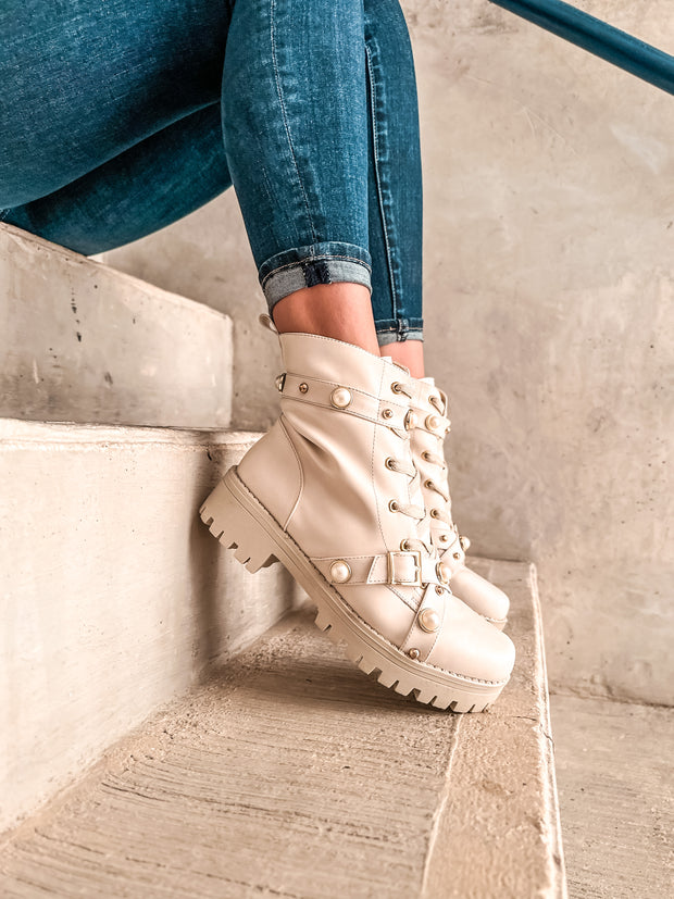 Combat Boots Latte Pearl & Studs