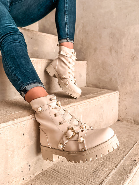 Combat Boots Latte Pearl & Studs