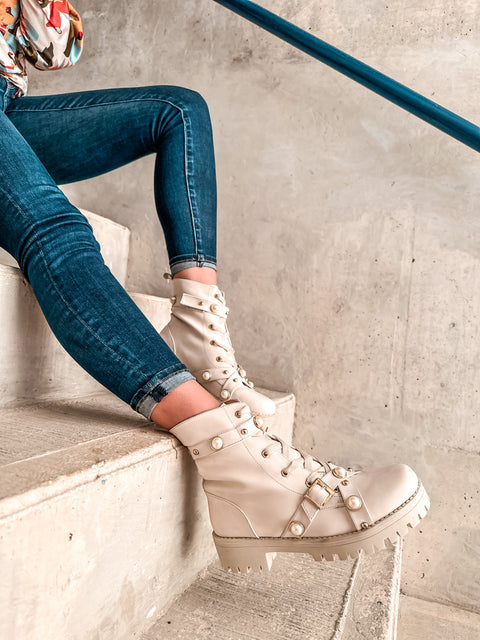 Combat Boots Latte Pearl & Studs