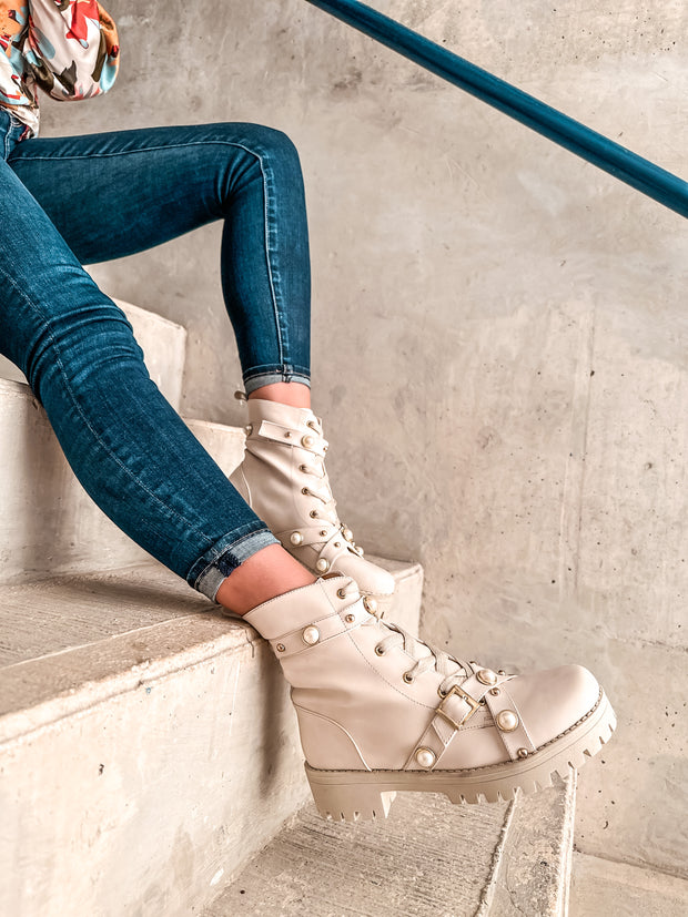 Combat Boots Latte Pearl & Studs