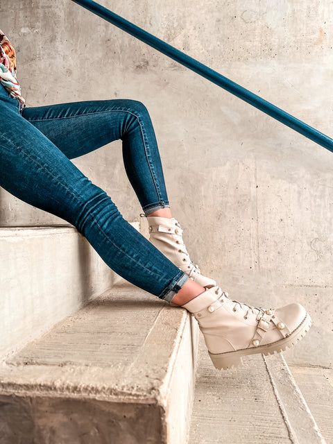 Combat Boots Latte Pearl & Studs
