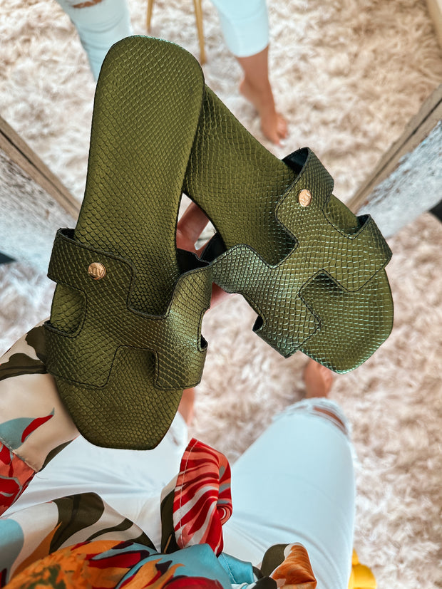 Hera Military Green Metallic Sandals