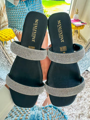 Palm Shiny Double Strap Black Sandals