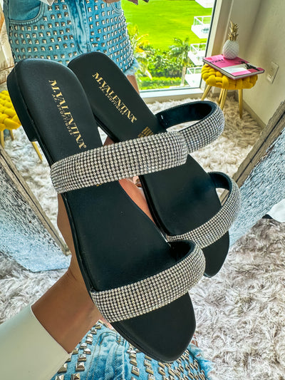 Palm Shiny Double Strap Black Sandals